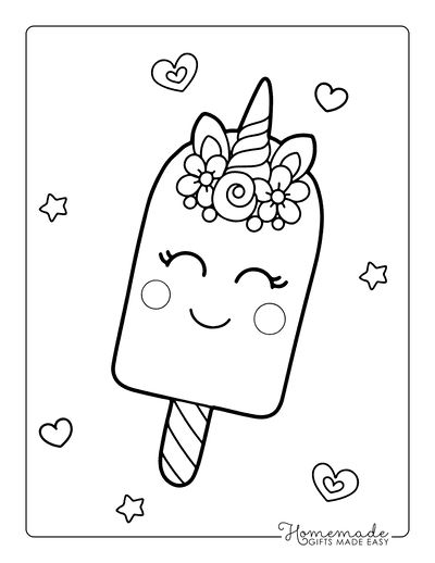 Kawaii Coloring Pages Cute Popsicle With Unicorn Horn Drawing Pages For Kids, Unicorns Drawing, Unicorn Drawing For Kids, Unicorn Coloring, Unicorn Cute Drawing, Cute Unicorn Drawing, Kid Coloring Pages, Popsicle Coloring Page, Kids Drawing Ideas