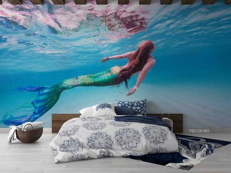 3D Underwater Mermaid Wallpaper Wall Mural Removable Self-adhesive Sticker469 | eBay Mermaid Mural, Tropical Theme Bedroom, Little Mermaid Bedroom, Ocean Kids Room, Mermaid Theme Room, 3d Underwater, Underwater Bedroom, Painting Wallpapers, Disney House Ideas