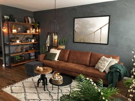 Brown Industrial Living Room, Leather Sofa Dark Living Room, Modern Man Living Room, Open Living Room Colors, Masculine Office With Couch, Dark Orange Couch Living Room, Rooms With Leather Sofas, Earthy Dark Living Room, Dark Green Rustic Living Room