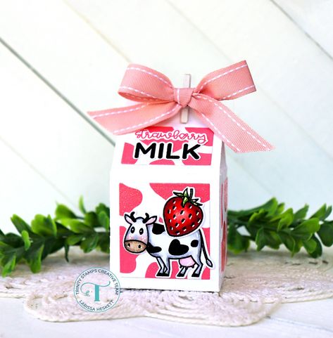 Strawberry Milk Carton Gift Box!! – Trinity Stamps Tool Box Gift, Strawberry Milk Carton, Trinity Stamps, Carton Design, Welcome Baby Cards, Ribbon Rosettes, Doodlebug Design, Milk Carton, The Cow