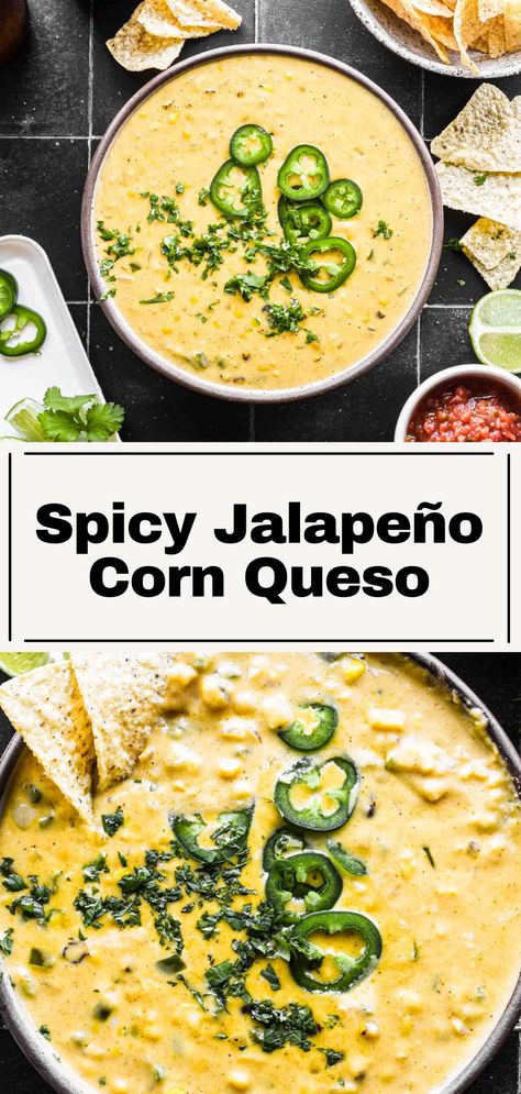 This Spicy Jalapeño Corn Queso Dip is a silky smooth cheese sauce dip loaded with spicy jalapeños, fire roasted corn, spices, and two kinds of cheeses. It is made with fresh grated sharp cheddar and monterey jack for the perfect creamy texture and bold cheesy flavor (without cream cheese!). A great appetizer to share for any kind of gathering. Corn Queso, Spicy Dips, Jalapeno Crema Recipe, Jalapeno Cream Cheese Corn, Cheese Jalapeno Dip, Corn Queso Dip, Spicy Cowboy Queso, Creamy Cheesy Hot Corn Dip Incredible Recipes, Spicy Queso Dip