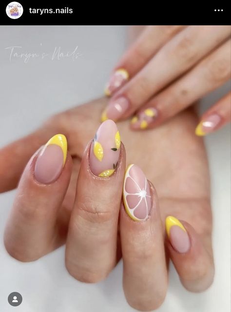 Lemon Nail Designs, Fruit Nail Ideas, Lemonade Nails, Lemon Nail Art, Vibrant Summer Nails, Short Summer Nails, Belle Nails, Fruit Nail, Nail Routine