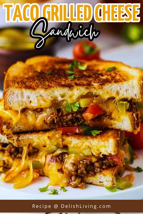 Savor the ultimate comfort food with this Taco Grilled Cheese Sandwich! This delicious recipe combines seasoned ground beef with melty cheese, all nestled between crispy, buttery bread. Topped with fresh lettuce and juicy tomatoes, it’s a fun twist on traditional grilled cheese. Perfect for a quick meal or a tasty snack, this sandwich is customizable with your favorite taco toppings. Check out the full recipe for a unique culinary experience! Taco Panini, Ground Beef Grilled Cheese Sandwich, Mexican Grilled Cheese, Taco Grilled Cheese Sandwich, Taco Grilled Cheese, Ground Beef Grill, Ultimate Grilled Cheese, Taco Toppings, Grilled Taco