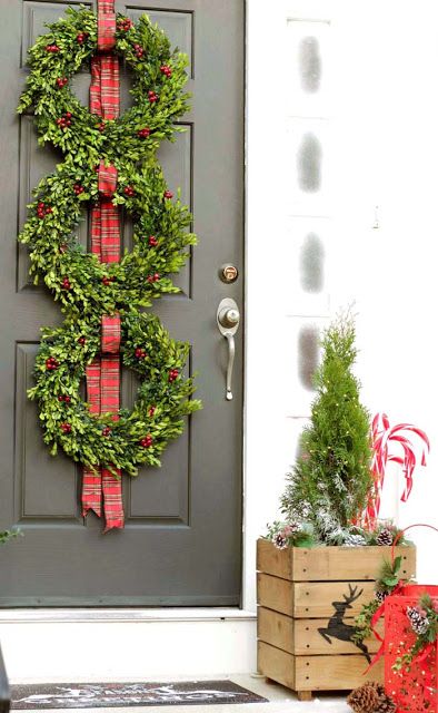 Christmas Wreath Trio, How To Decorate Front Porch Posts For Christmas, Christmas Shutters, Boxwood Wreath Front Door, Boxwood Wreath Decor, Christmas Promo, Chirstmas Decor, Front Door Christmas Decorations, Winter Porch