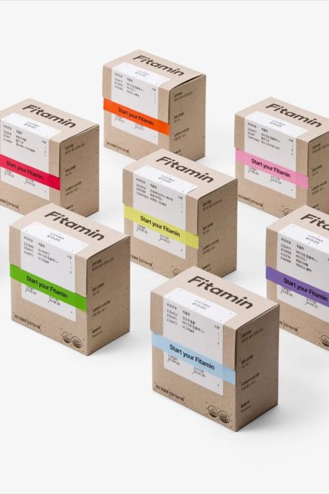 Seoul’s ORDINARY PEOPLE designed a sleek, no-nonsense look for Fitamin, a line of energy supplements. While the boxes come in a variety of pleasant rainbow hues, the system leans on a fresh Kelly green for a classically earthy look. Fitness Packaging Design, Minimalist Supplement Packaging, Package Design Box, Supplements Design, Vitamins Packaging, Package Design Template, Supplement Branding, Minimal Packaging Design, Minimalist Packaging Design