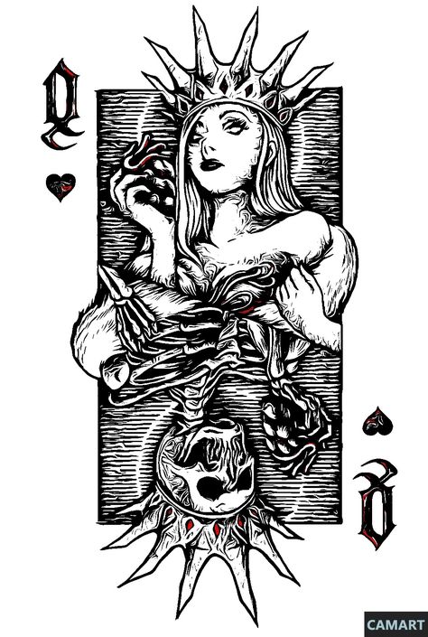 Kings Card Tattoo, Terro Cards Tattoos, Playing Card Sketch, Card Joker Tattoo, Playing Card Tattoo Design, Queen Of Spades Card Tattoo, Queen Card Design, Joker Card Design, Grim Reaper Tattoo Designs Drawings