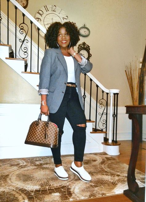 Blazer And Chucks Outfit, Jordan 1 Business Casual Outfit Women, Blazers And Gym Shoes, Women Business Casual With Sneakers, Fall Causal Outfits Black Women, Upscale Casual Outfit Black Women, Fall Outfits Women Black Woman Work, Business Casual Outfits Black Women Sneakers, Women’s Business Casual With Sneakers