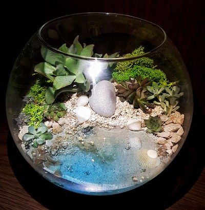 Fake Water For Projects Diy, Ocean Terrarium Ideas, Terrarium With Resin Water, Terrarium Ideas Fake Plants, Terrarium Ideas With Water, Fake Plant Terrarium, Terrarium Scene Ideas, Teranium Ideas Diy, Fake Water For Projects