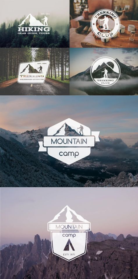 6 Trekking Adventure Badges & Branding Logos AI, EPS, PSD Trekking Logo, Adventure Logo Design, Graphic Design University, Adventure Branding, Graphic Design School, Adventure Logo, Urban Explorer, Graphic Design Humor, Mountain Logos