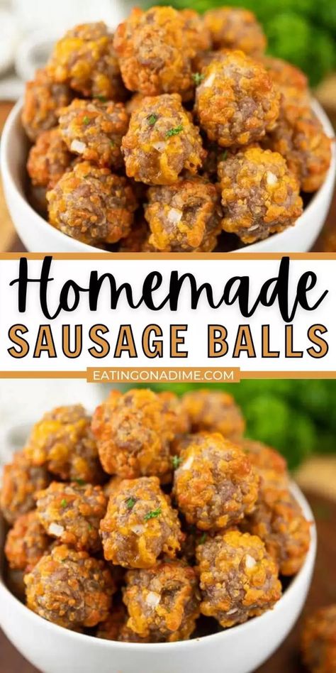 This is the original recipe for sausage balls using sausage, cheddar cheese and sausage. This is the perfect appetizer recipe for everything from tailgating to any party. Everyone will love these sausage cheese balls that are also easy to make! #eatingondime #sausageballsrecipe #appetizerrecipes #easyappetizers Easy Sausage Balls, Easy Sausage Balls Recipes, Sausage Appetizer Recipes, Recipe For Sausage, Ground Sausage Recipes, Cheese Balls Recipe, Sausage Cheese Balls, Sausage Appetizers, White Queso