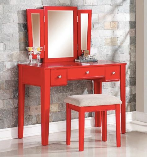 Add a pop of color with this red vanity set! Red Vanity, Vanity Furniture, Diy Vanity Mirror, Bedroom Vanity Set, Diy Bathroom Vanity, Traditional Vanity, Wooden Vanity, Makeup Table Vanity, Wall Diy