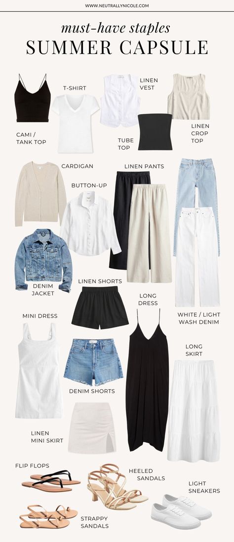 Must Have Summer Capsule Wardrobe Staples + Easy Outfit Ideas to Copy Style Change Ideas Clothes, Minimalist Outfit Ideas Summer, Must Have Summer Clothes, Minimal Summer Wardrobe, Maine Summer Outfit Ideas, Summer Staples 2024, Summer Easy Outfits, Summer Staple Pieces, Staples For Wardrobe