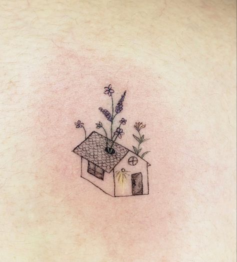 Tattoo - House with flowers growing out Dainty House Tattoo, Tiny Garden Tattoo, Tattoos About Growing Up, House Tatoos Ideas, Garden Flower Tattoo, Such A Pretty House Tattoo, Green House Tattoo, Small Garden Tattoo, Flowers Growing Tattoo