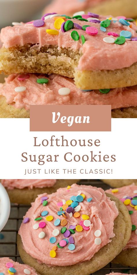 The BEST Copycat Lofthouse Cookie recipe! These Vegan Frosted Sugar Cookies are so soft and make the perfect Birthday cookie recipe. If you're looking for the best soft vegan sugar cookie, then you need to make these dairy-free & eggless Lofthouse cookies. #lofthousecookies Vegan Iced Cookies, Vegan Lofthouse Cookies, Vegan Drop Cookies, Vegan Soft Sugar Cookies, Vegan Decorated Cookies, Vegan Refined Sugar Free Desserts, Vegan Stand Mixer Recipes, Sugar Cookie Recipe Vegan, Vegan Cookie Frosting