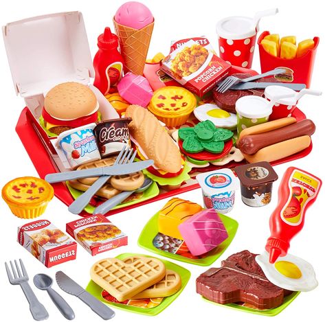 Buyger 63 PCS Fast Food Toy Play Food for Children Role Play Toy Kitchen Accessories Burger Set for 3 Year Old Girl Boy Kid Gift : Amazon.co.uk: Toys & Games Toy Kitchen Food, Escuela Diy, Cardboard Crafts Kids, Toy Kitchen Accessories, Cooking Toys, Toy Kitchen Set, Kids Toy Shop, Play Food Set, Barbie Doll Set