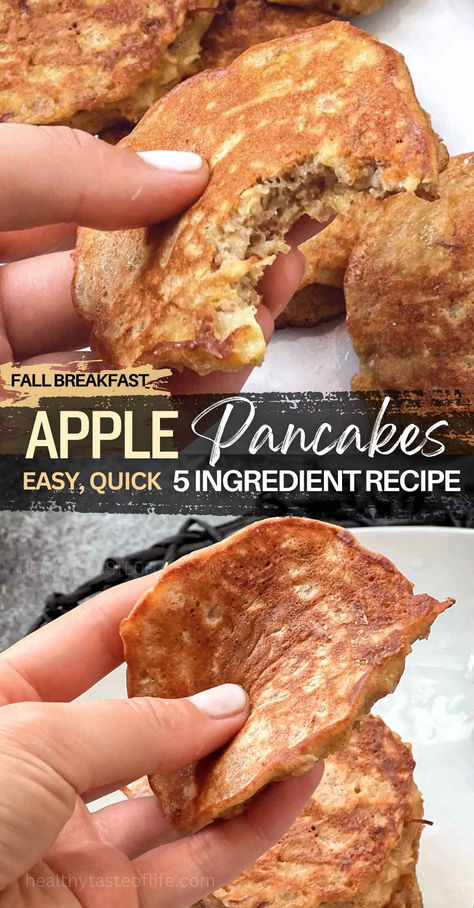 Start your day with these easy apple pancakes! This simple breakfast recipe requires only 5 ingredients and is both delicious and healthy. Packed with fresh apples, these pancakes are quick to make, and customizable into gluten free version. Enjoy the simple flavors of fall with these Easy 5-Ingredient Apple Pancakes! Ready in minutes, these apple pancakes are sure to satisfy the whole family. #applepancakes #fallrecipes #fallbreakfast Apple Breakfast Recipes Healthy, Healthy Apple Pancakes, Healthy Oatmeal Apple Pancakes, Apple Oats Pancakes, Apple Pancakes Healthy, Apple Pancakes For Baby, Apple Cinnamon Pancakes Easy, Healthy Pancakes, Apple Cinnamon Pancakes Healthy