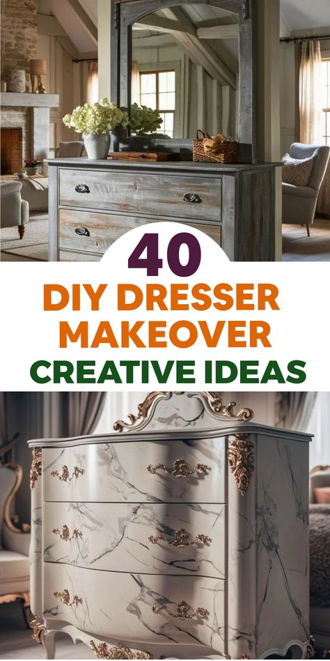 Transform your bedroom decor with these creative DIY dresser makeover ideas that will refresh your furniture and revamp your space into a chic retreat. Explore the power of a fresh coat of paint, stylish hardware, or unique embellishments to give your tired dresser a new lease on life. Turn it into a striking focal point that mirrors your personal style and design flair. It's time to get hands-on and elevate your dresser to steal the spotlight in the room! Old Dressers Repurposed Creative Ideas, Diy Dresser Makeover Ideas, Dresser Makeover Ideas, Wood Dressers Makeover, Broken Dresser, Dresser Remodel, Dresser Decor Bedroom, Dresser Hardware, Farmhouse Chic Decor