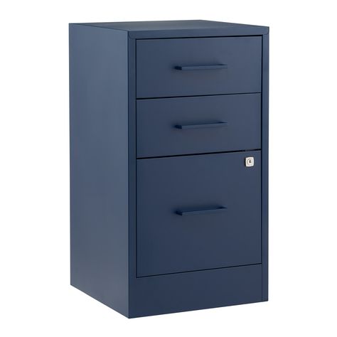 Decorating File Cabinets, Attic Office, Office File Cabinets, Blue Desk, Metal Filing Cabinet, Filing Cabinets, File Cabinets, Office Room Decor, Lateral File Cabinet