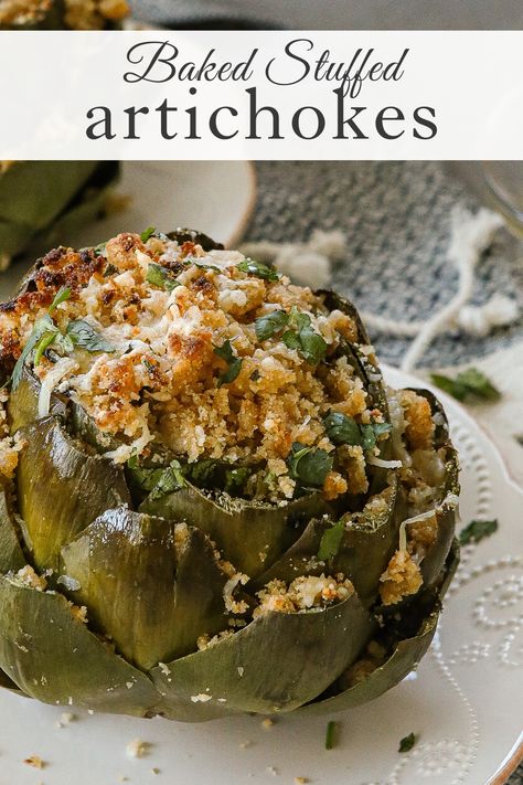 Baked Stuffed Artichoke recipe How To Make Stuffed Artichokes, Stuffed Artichoke Recipes Baked, Artichoke Snack Recipes, How To Bake Artichoke In Oven, Baked Stuffed Artichokes Italian, Crab Stuffed Artichokes, Oven Baked Artichoke, Easy Stuffed Artichokes, Artichoke Hearts Oreganata