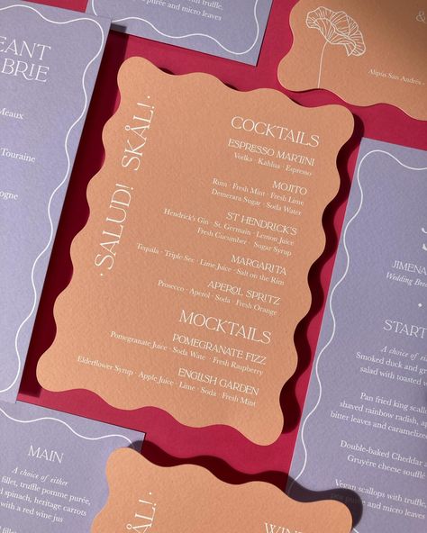 Cocktails, mocktails, mezcal, wine and cheese menus. A day full of feasting, toasting and celebrating! Have you started thinking about your wedding day stationery? I can help with menus, placecards, signage and finishing details. Just shout! ___ Images are of lilac and orange menus, some with straight edges and some with wavy edges, for an upcoming London wedding. • • • #weddingbreakfast #weddingmenu #weddingdaystationery #onthedaystationery #weddingtable #cocktailmenu #weddingbar #wavyme... Lilac And Orange, Alt Wedding, Wavy Edges, Wine And Cheese, Cocktail Menu, Wedding 2024, Wedding Breakfast, Wedding Color Palette, Wedding Vibes