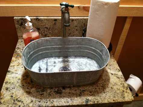 Wash Tub Sink, Metal Wash Tub, Cool Sinks, Stainless Steel Bathroom Sink, Bucket Sink, Galvanized Tub, Metal Tub, Diy Bathroom Vanity, Outdoor Sinks