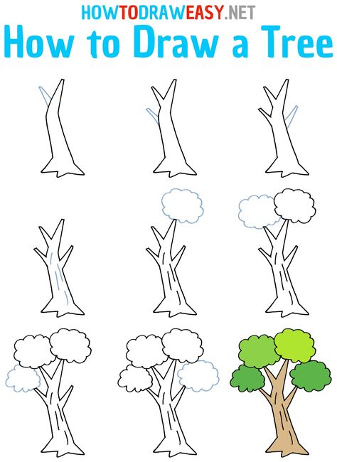 Draw Plants Easy, Tree Step By Step Drawing, Tree Drawing Tutorial, How To Draw Trees Step By Step, How To Draw A Tree Step By Step Easy, How To Draw A Tree, Bush Drawing, Trees Drawing Tutorial, Tree Drawing Simple