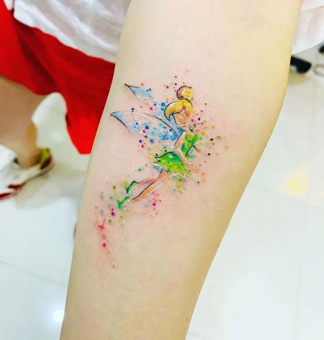 Disney Watercolor Tattoo, Harry Potter Tattoo Sleeve, Tinker Bell Tattoo, Disney Inspired Tattoos, Disney Sleeve Tattoos, Watercolour Tattoos, Kawaii Tattoo, Disney Tattoo, Hummingbird Tattoo