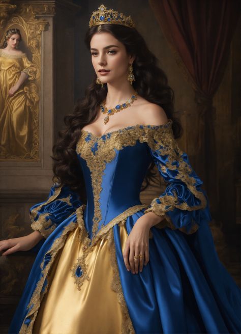 Royal Gowns Queens, Royal Dresses Princesses, Royal Dresses Queens, Gold And Blue Dress, Royal Dress Aesthetic, Royal Dresses Queens Fantasy, Queen Dress Royal, Queen Outfits Royal, Gown Ruffles