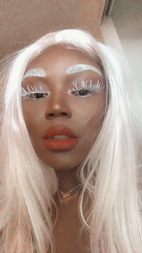 White wig, white lashes, white eyebrows Black And White Eyebrows, White Eyelashes Makeup Look, White False Eyelashes, White Eyebrows Aesthetic, White Tears Makeup, White Hair White Eyebrows, White Hair And Eyebrows, White Makeup Black Women, Costumes With White Hair