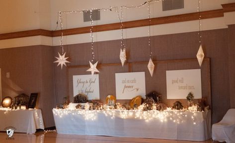 Church Christmas Party Ideas, Nativity Display Ideas, Relief Society Christmas, Christmas Party Centerpieces, Nativity Display, Relief Society Crafts, Lds Christmas, Church Christmas Party, Christmas Party Ideas