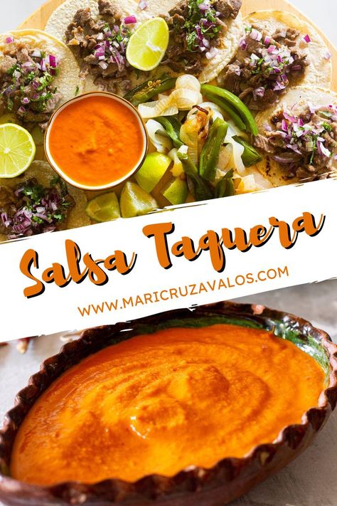 Photocollage of salsa taquera with text overlay. Mexican Salsa Recipes Authentic Tacos, Taco Truck Red Sauce, Mexican Red Sauce For Tacos, Orange Taco Sauce, Taco Truck Sauce, Red Sauce For Tacos, Salsa For Birria Tacos, Authentic Mexican Taco Sauce, Taco Sauce Recipe Mexican