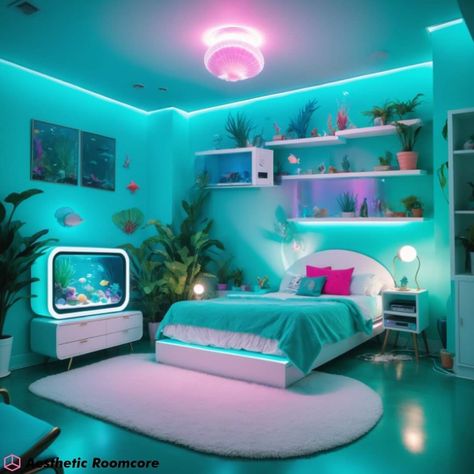 Ocean Punk Room Decor 🐟🌊🐬🐳 #oceanpunk #oceandecor #seatheme #seathemeroom #roomdesign #roomdecoration #roomdecor #aestheticroom #bedroomgoals #bedroom #bedroomideas #aestheticbedroom Vaporwave Living Room, Vaporwave Aesthetic Bedroom, Punk Room Decor, Lofi Bedroom, Vaporwave Bedroom, Vaporwave Decor, Vaporwave Room, Punk Room, 2000s Room