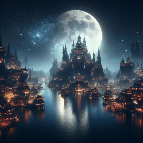 Night Kingdom Fantasy Art, Night Castle Aesthetic, Night Kingdom Aesthetic, Dark Kingdom Fantasy Art, Moon Kingdom Aesthetic, Dark Kingdom Aesthetic, Night Kingdom, Star Kingdom, Sun Kingdom