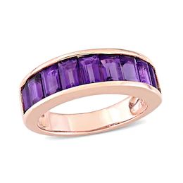 Baguette-Cut Amethyst Band in Sterling Silver with Rose Rhodium Rose Gold Plated Ring, Women's Rings, Gold Plated Rings, Baguette Cut, Anniversary Bands, Amethyst Stone, Anniversary Ring, Amethyst Gemstone, Amethyst Ring