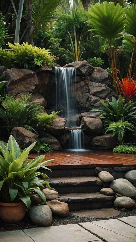 15 Tropical Landscaping Ideas to Craft Your Dreaming Backyard 44 Tropical Backyard Landscaping, Family Backyard, Tropical Backyard, Waterfall Landscape, Zone 9, Modern Ideas, Banana Plants, Tropical Gardens, Tropical Oasis