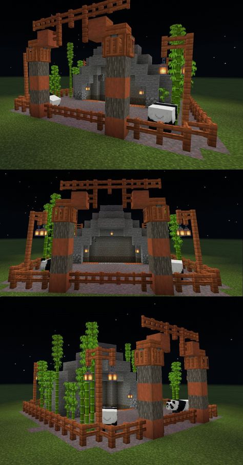 Panda Area Minecraft, Minecraft Panda Habitat Ideas, Minecraft Panda Enclosure Build, Minecraft Panda Farm, Panda Home Minecraft, Panda Enclosure Minecraft Ideas, Minecraft Zoo Entrance Ideas, Panda House Minecraft, Panda Minecraft Build