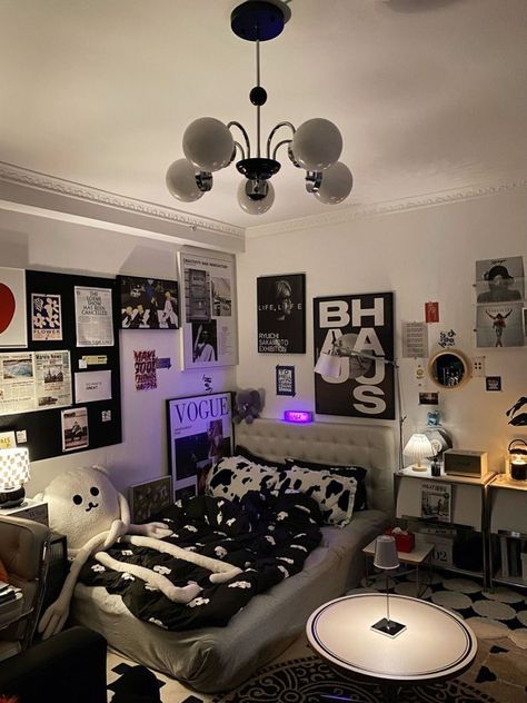 Modern Cool Bedroom, Fill Space In Bedroom, Black White And Grey Bedroom Ideas Small Spaces, Black Bedroom Accessories, Bedroom With Drum Kit, Dark Bedroom Inspo Cozy, Black And Grey Room Aesthetic, Korean Core Room, Black Rooms Aesthetic