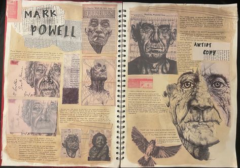 Tom Phillips Artist Research Page, Mark Powell Artist Research Gcse, Mark Powell Art, Mark Powell Gcse Sketchbook Ideas, Mark Making Gcse Art Sketchbook Ideas, Mark Powell Artist Research Page, Artist Study Page, Mark Powell Artist Research, Gcse Portraits