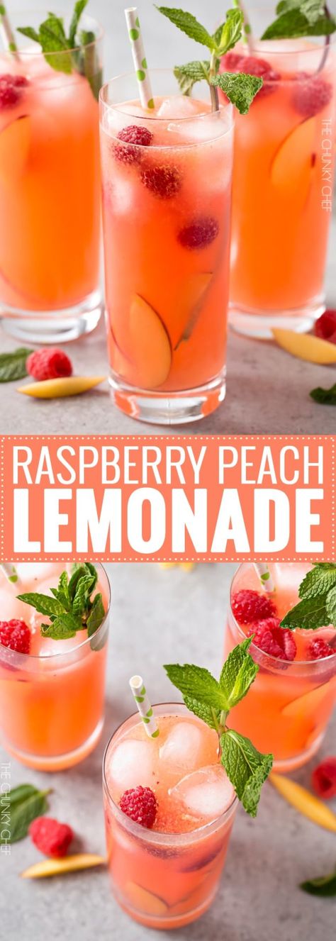 Suurlemoen Stroop, Raspberry Peach Lemonade, Flavored Lemonade, Homemade Lemonade Recipes, Chunky Chef, Peach Raspberry, Resep Smoothie, Peach Lemonade, Drink Recipes Nonalcoholic