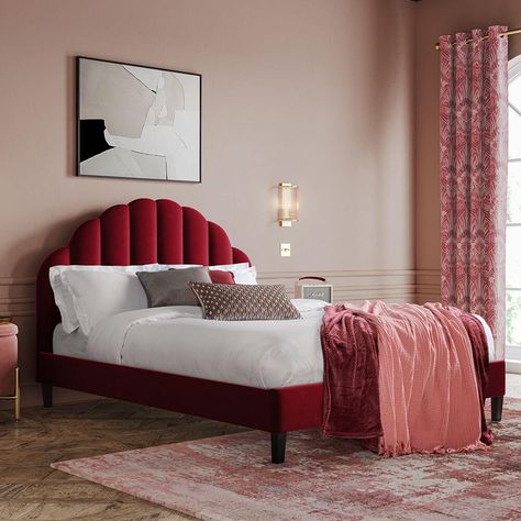 Our 1950s inspired Rosedale Bed boasts a beautiful shell shaped, fluted headboard. This charming bed is upholstered in plush velvet in two colourways, shiraz and silver. A very pretty and stylish bed that will take centre stage in any bedroom. Magenta Bedding, Fluted Headboard, Red Headboard, Burgundy Bedding, Red Bedroom Design, Ikea Malm Bed, Beds Frames, Luxury Bed Frames, Pink Headboard