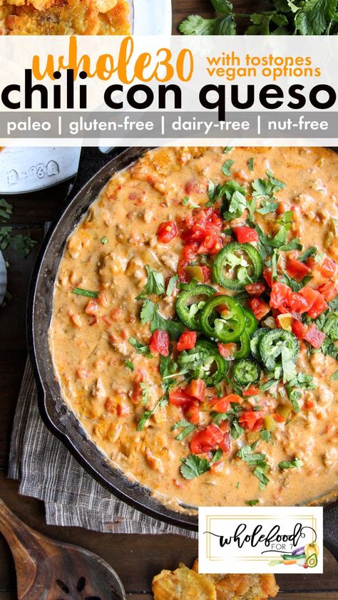 Whole30 Chili Con Queso Dip - WholeFoodFor7 Chili Con Queso Dip, Con Queso Dip, Whole30 Chili, Recipes Chili, Vegan Ground Beef, Chili Chili, Paleo Appetizers, Whole 30 Meal Plan, Aip Paleo Recipes