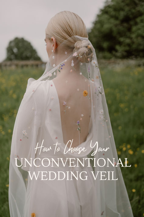 a bride wearing a colourful embroidered luxury wedding veil by designer natasha nicole studio Diy Embroidered Veil, Intricate Veil, Unique Wedding Veils, Bride Tips, Bridal Aesthetic, Unconventional Bride, Embroidered Veil, Dramatic Wedding, Unconventional Wedding