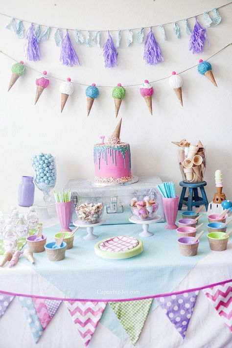 Ice Cream themed birthday party ideas! From food to decor we have you covered! 4de Verjaardag, Ice Cream Party Theme, Summer Party Themes, Ice Cream Birthday Party, Ice Cream Theme, Ice Cream Birthday, Ice Cream Party, Decorations Party, Candy Party