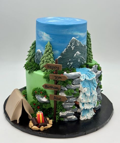 Craft a Sweet Adventure! 🏞️✨ Celebrate your loved one's remarkable journey with a custom cake inspired by their most cherished moments. Whether it's a serene outdoor escape or a thrilling adventure, we'll bring it to life in delicious detail. Let's turn their dreams into edible art! #CustomCakes #SweetAdventure #CelebrateLife #barnettsweetsco Mountain Shaped Cake, Camping Cakes Birthday, Adventure Cake Ideas, Outdoor Birthday Cake, Celebration Of Life Cake, National Park Cake, Camping Birthday Party Cake, Camping Cake Ideas, Camping Theme Cakes