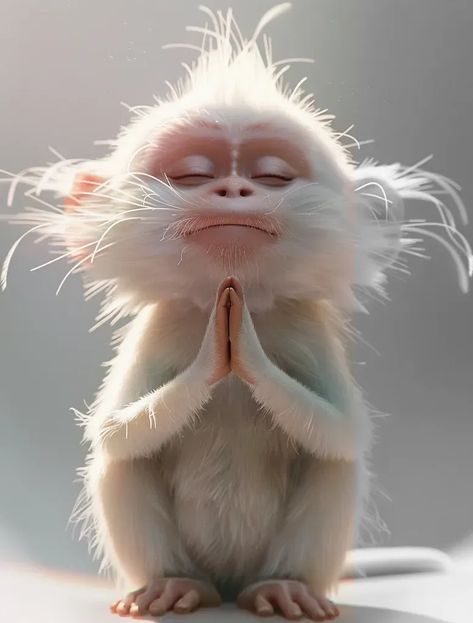 Full Color Image in ai-img-gen.com 🔸 A cute white monkey with a chubby body and smiling expression, eyes closed and hands clasped togethe... 🔸 From Midjourney AI Image White Monkey, Rainbow Monkey, Colour Images, Meditation, Sci Fi, Spirituality, Art