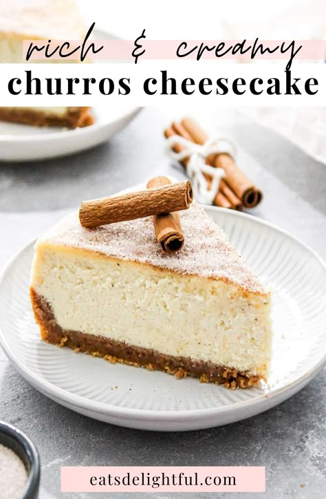 slice of churros cheesecake on plate with cinnamon sticks on top Churros Cheesecake, Ny Style Cheesecake, Make Cheesecake, Cinnamon Cheesecake, Churro Cheesecake, Churros Recipe, Classic Cheesecake, How To Make Cheesecake, Ny Style