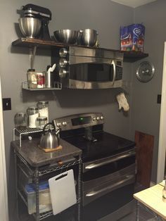 How do I hang an OTS microwave without a cabinet above? - Home Improvement Stack Exchange Microwave Shelf Over Stove, Over The Stove Microwave, Floating Shelves With Lights, Kitchen Floating Shelves, Microwave Cabinet, Microwave Shelf, Floating Shelves Bedroom, Floating Shelves Living Room, Floating Shelf Decor