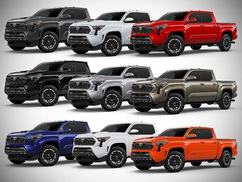 The 2024 Toyota Tacoma TRD Sport pickup truck is available in 9 color options - Black, Supersonic Red, Underground, Blue Crush Metallic, Bronze Oxide, Celestial Silver Metallic, Ice Cap, Solar Octane and Wind Chill Pearl. Tacoma Trd Sport, 2024 Tacoma Trd Pro, Red Tacoma Toyota, Black Tacoma Trd Pro, Blue Toyota Tacoma, Toyota Tacoma Trd Sport, Toyota Tacoma Trd Pro, Trd Pro, Toyota Tacoma Trd