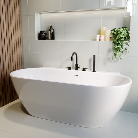 Freestanding Tub Against Wall, Free Standing Bath Tub Against Wall, Free Standing Bath Ensuite, Free Standing Baths For Small Bathrooms, Large Bathroom Ideas Modern, Bathroom Ideas Freestanding Bath, Free Standing Bath Taps, Bathroom Inspiration With Bath, Bath Tub Freestanding