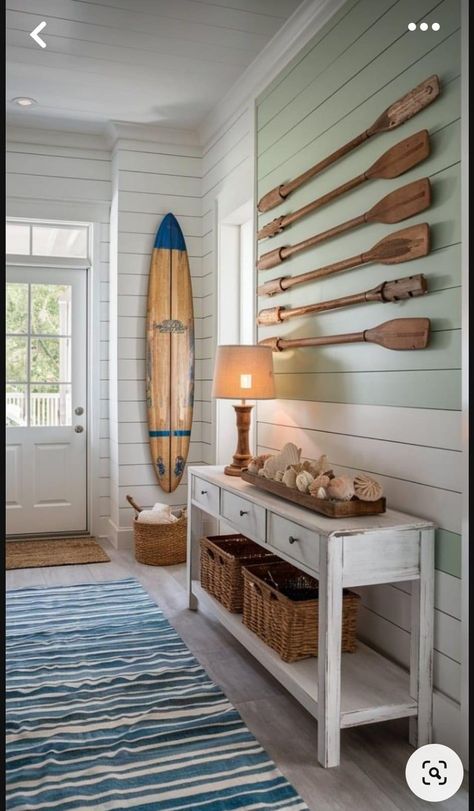 Modern Coastal Hallway, Coastal Front Entryway Ideas, Pier Decorating Ideas, Coastal Cottage Entryway, Nautical Beach House, Lake House Room Ideas, Coastal Foyer Ideas Entryway, Bay House Decor Ideas, Costal Grandma House Aesthetic